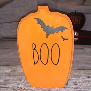 Orange BOO wooden Pumpkin with Bats